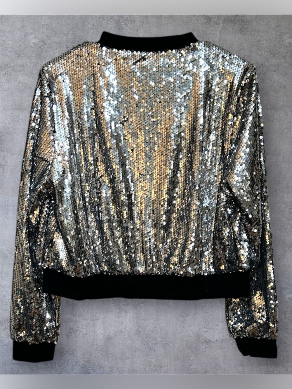 Allegra K Silver Sequin Bomber Jacket with Black Trim NWT Size Large - Picture 3 of 7